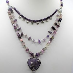 Amethyst heart pendant multi strand necklace